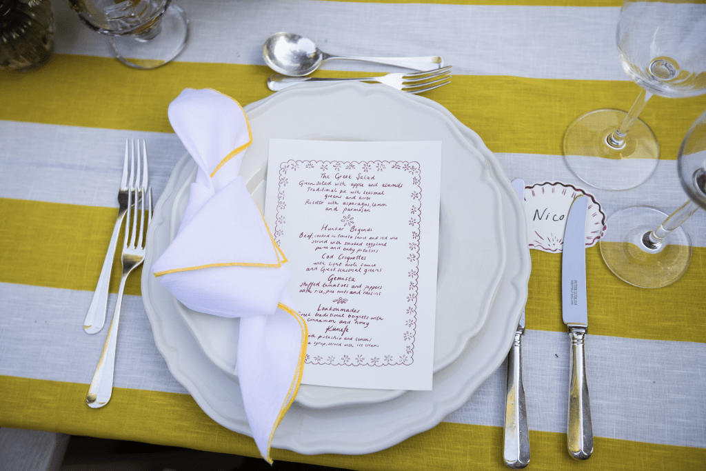 White linen napkin with yellow stitching - Image 4
